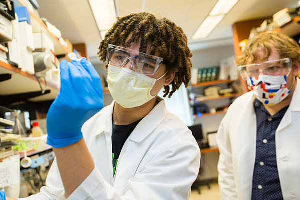 Science trainee conducting experiment with lab researcher observing